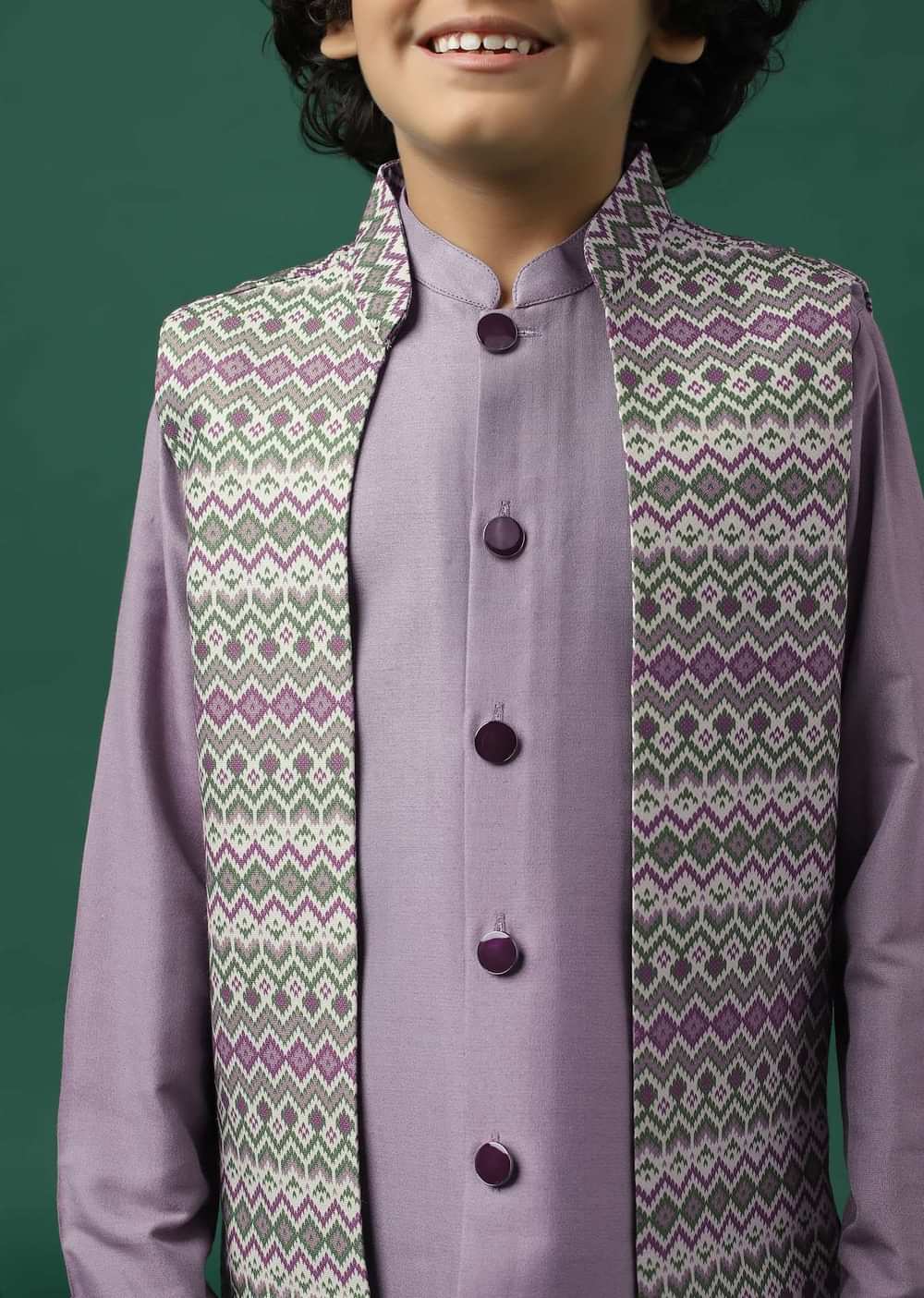 Kalki Lavender Purple Printed Kurta Jacket Set In Silk For Boys