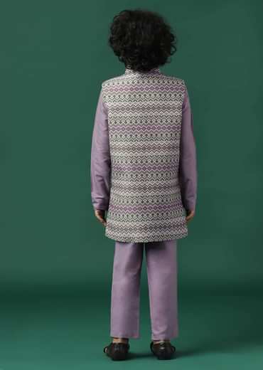 Kalki Lavender Purple Printed Kurta Jacket Set In Silk For Boys