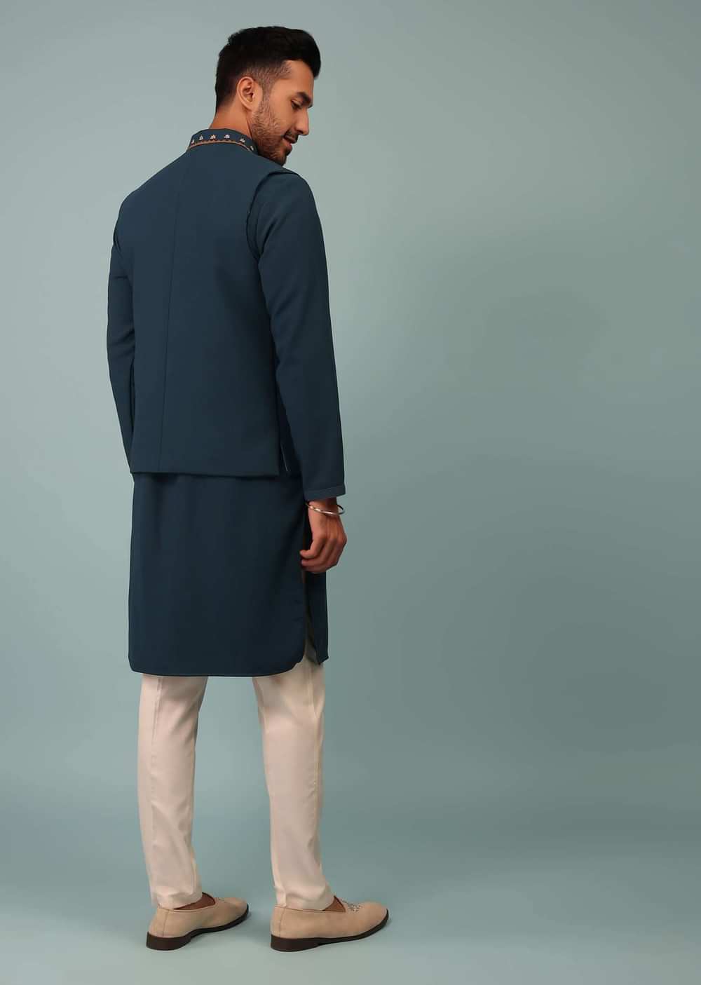 Teal Blue Bandi Jacket Set In Handloom Poly Wool With Multicolor Floral Butti Embroidery