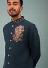 Teal Blue Bandi Jacket Set In Handloom Poly Wool With Multicolor Floral Butti Embroidery