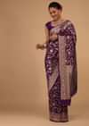 Plum Purple Saree In Pure Banarasi Silk With Upada Zari Weave In Floral Jaal Work