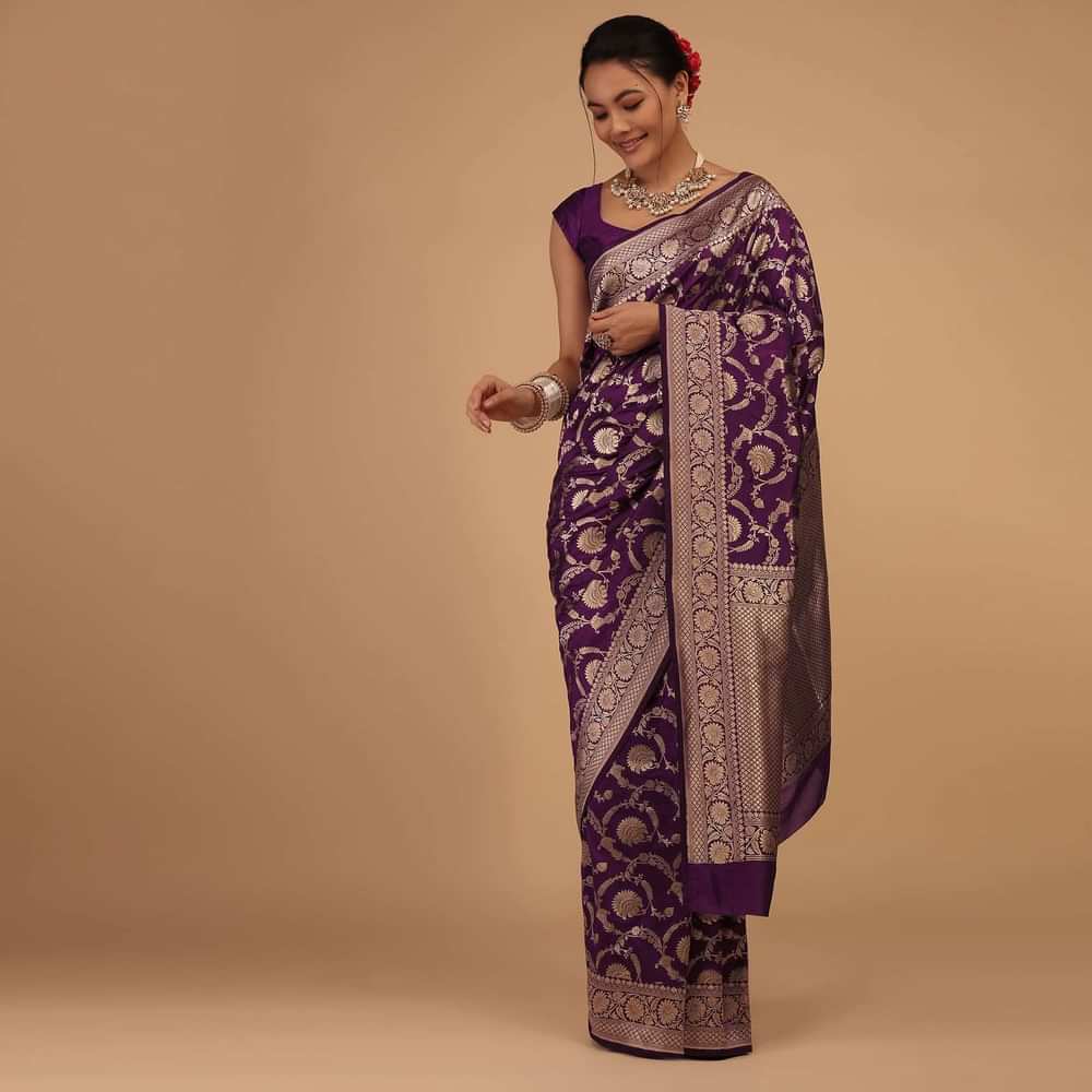 Plum Purple Saree In Pure Banarasi Silk With Upada Zari Weave In Floral Jaal Work