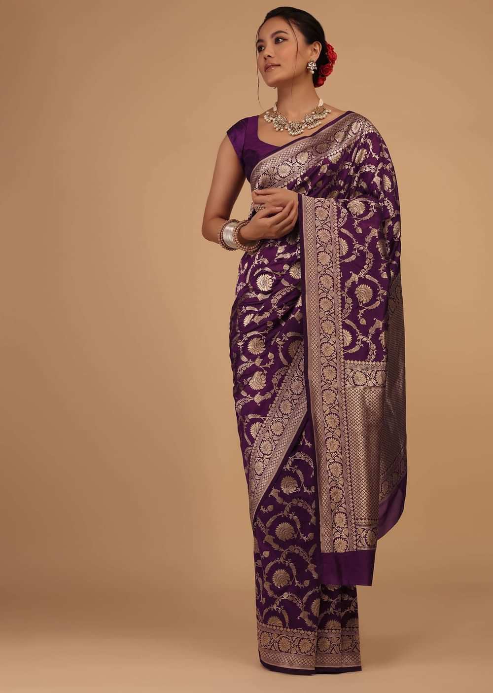 Plum Purple Saree In Pure Banarasi Silk With Upada Zari Weave In Floral Jaal Work