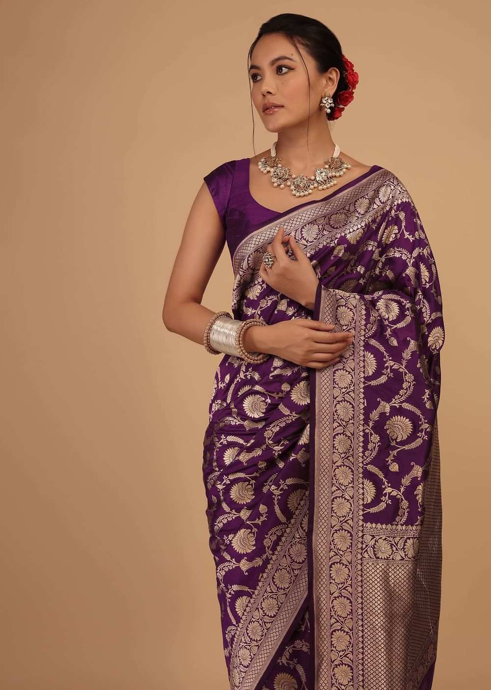 Plum Purple Saree In Pure Banarasi Silk With Upada Zari Weave In Floral Jaal Work