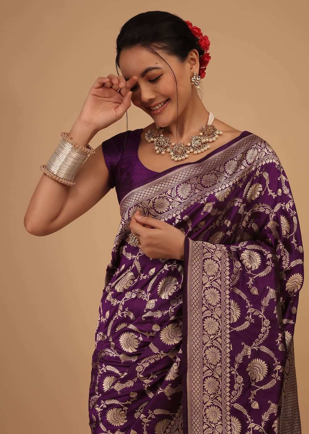Plum Purple Saree In Pure Banarasi Silk With Upada Zari Weave In Floral Jaal Work