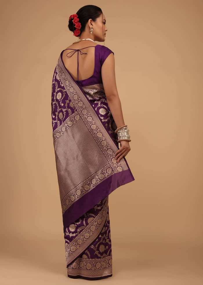 Plum Purple Saree In Pure Banarasi Silk With Upada Zari Weave In Floral Jaal Work