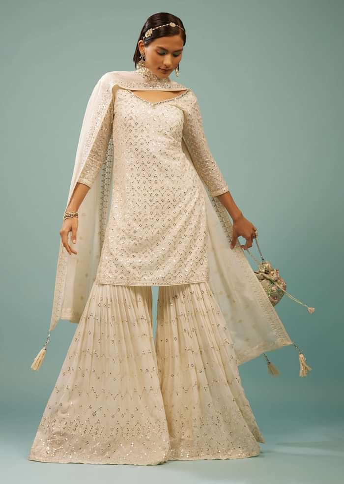 Pearl White Sharara Suit With Embroidery