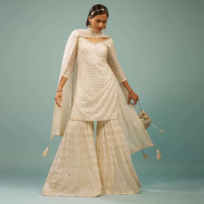 Pearl White Sharara Suit With Embroidery