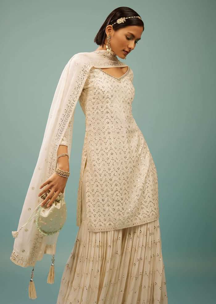 Pearl White Sharara Suit With Embroidery