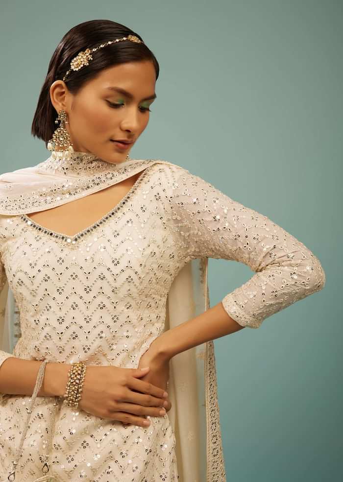 Pearl White Sharara Suit With Embroidery
