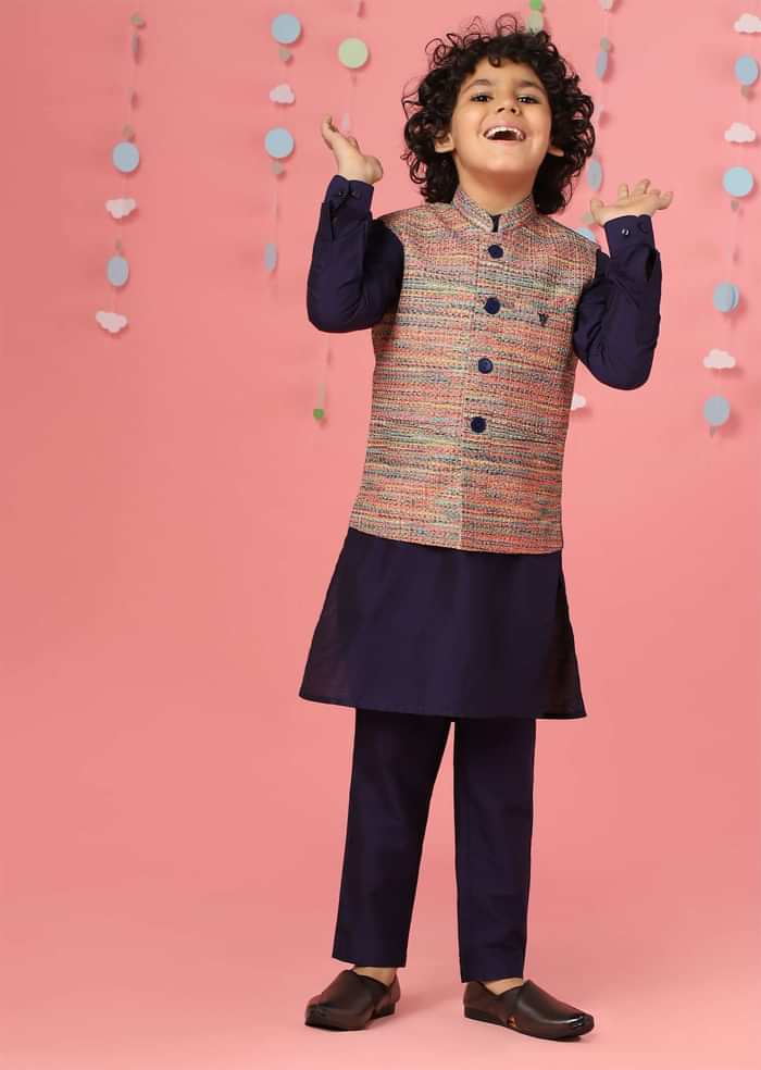 Kalki Medieval Blue Kurta Set In Silk With Multicolor Bandi Jacket For Boys