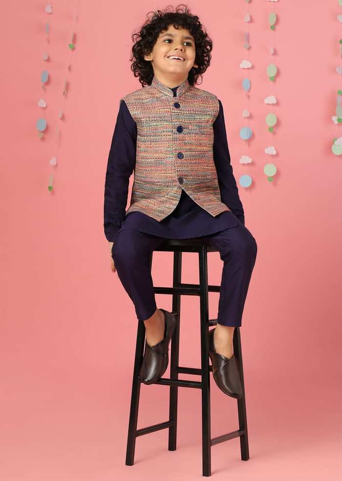 Kalki Medieval Blue Kurta Set In Silk With Multicolor Bandi Jacket For Boys