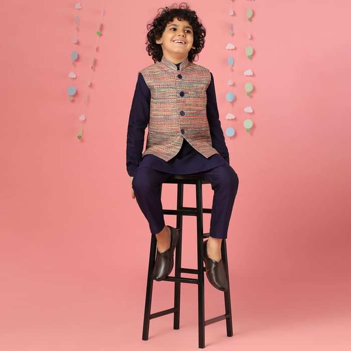 Kalki Medieval Blue Kurta Set In Silk With Multicolor Bandi Jacket For Boys