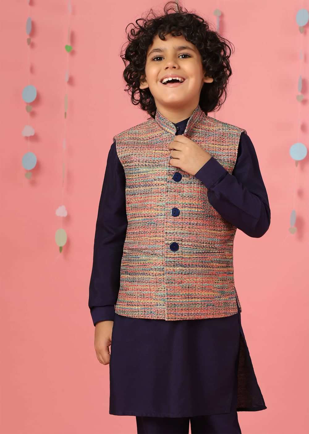 Kalki Medieval Blue Kurta Set In Silk With Multicolor Bandi Jacket For Boys