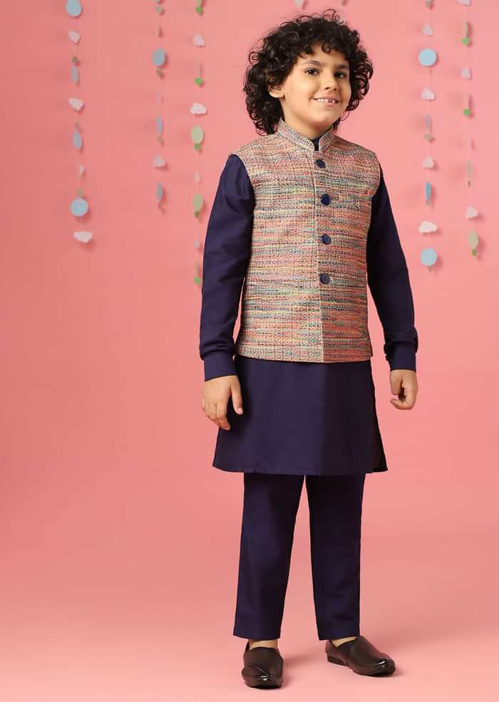 Kalki Medieval Blue Kurta Set In Silk With Multicolor Bandi Jacket For Boys