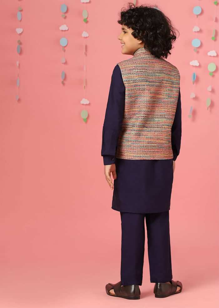 Kalki Medieval Blue Kurta Set In Silk With Multicolor Bandi Jacket For Boys