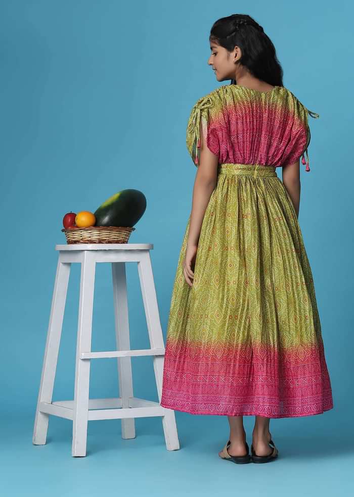 Kalki Mehendi Green Printed Gown In Georgette With Embroidery Work For Girls