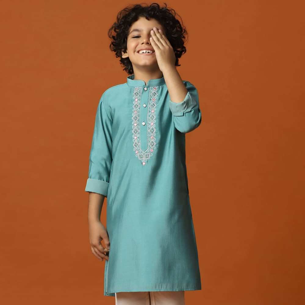 Mint Blue Kurta Set In Silk For Boys