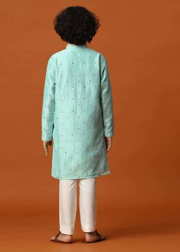 Kalki Mint Green Boys Kurta Set In Silk With Mirrors And Threadwork For Boys