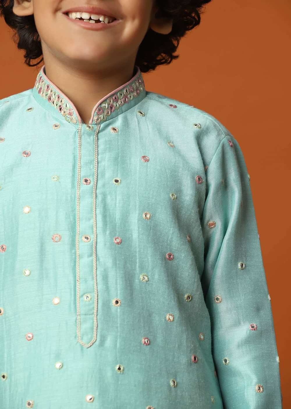 Kalki Mint Green Boys Kurta Set In Silk With Mirrors And Threadwork For Boys