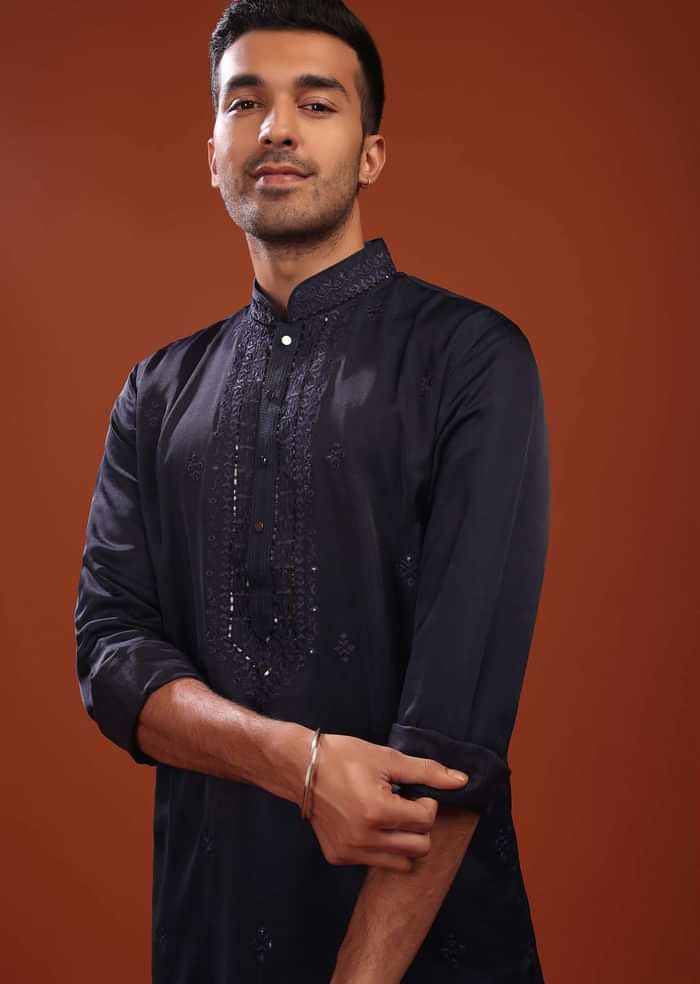 Dark Blue Festive Kurta In Mini Silk With Lucknowi Embroidery