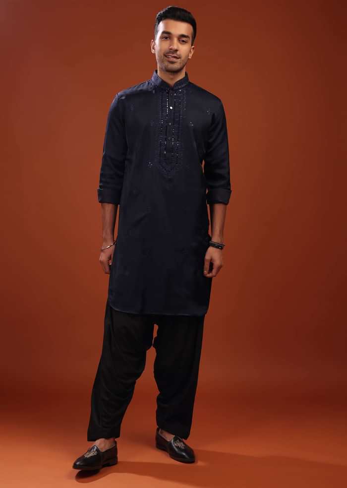 Dark Blue Festive Kurta In Mini Silk With Lucknowi Embroidery
