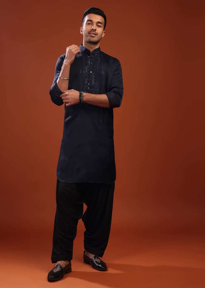 Dark Blue Festive Kurta In Mini Silk With Lucknowi Embroidery