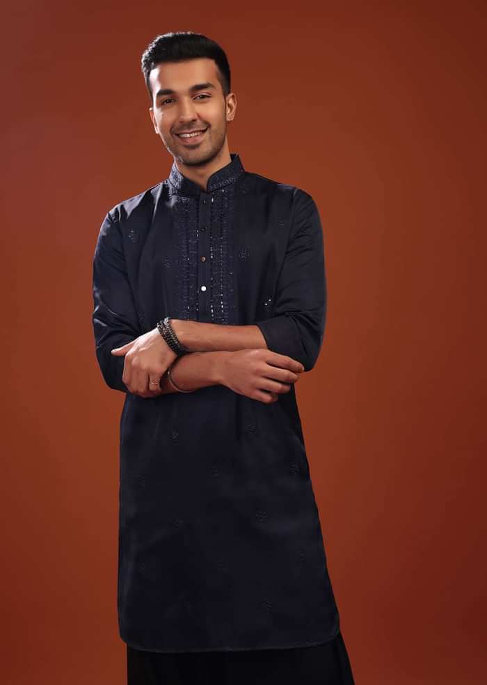 Dark Blue Festive Kurta In Mini Silk With Lucknowi Embroidery