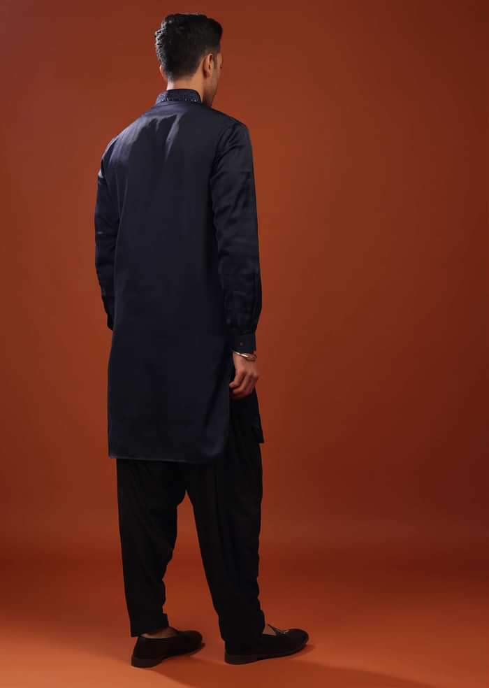 Dark Blue Festive Kurta In Mini Silk With Lucknowi Embroidery