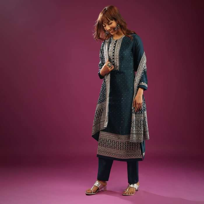 Persian Blue Pant Suit In Chanderi With Zardosi And Zari Embroidery