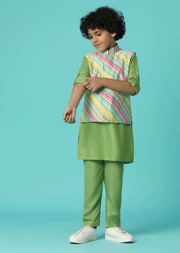 Kalki Moss Green Printed Kurta Jacket Set In Silk For Boys