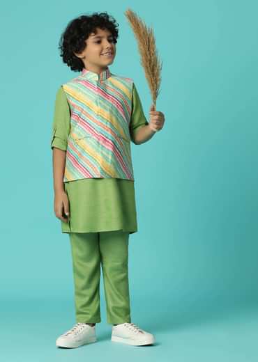 Kalki Moss Green Printed Kurta Jacket Set In Silk For Boys