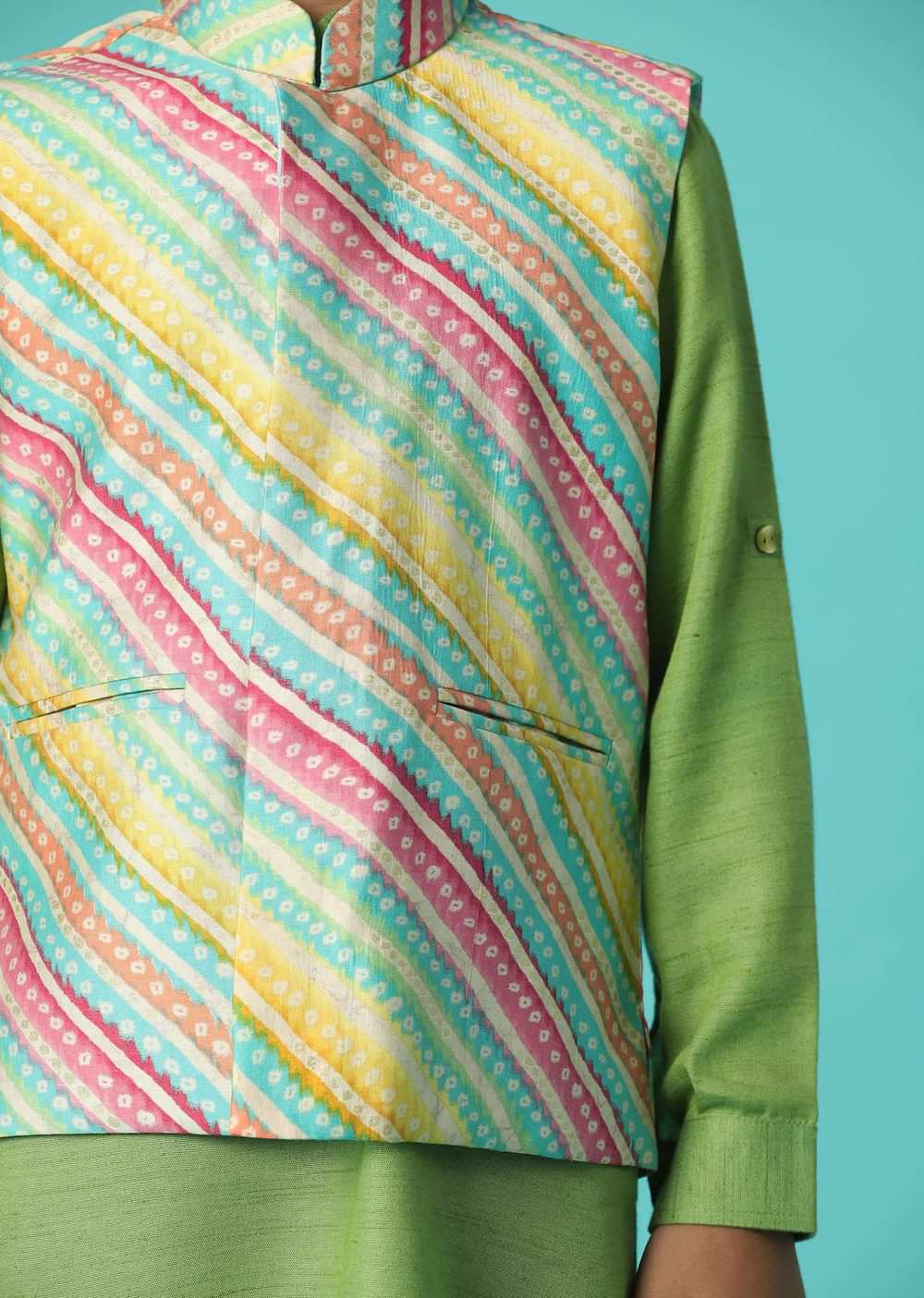 Kalki Moss Green Printed Kurta Jacket Set In Silk For Boys