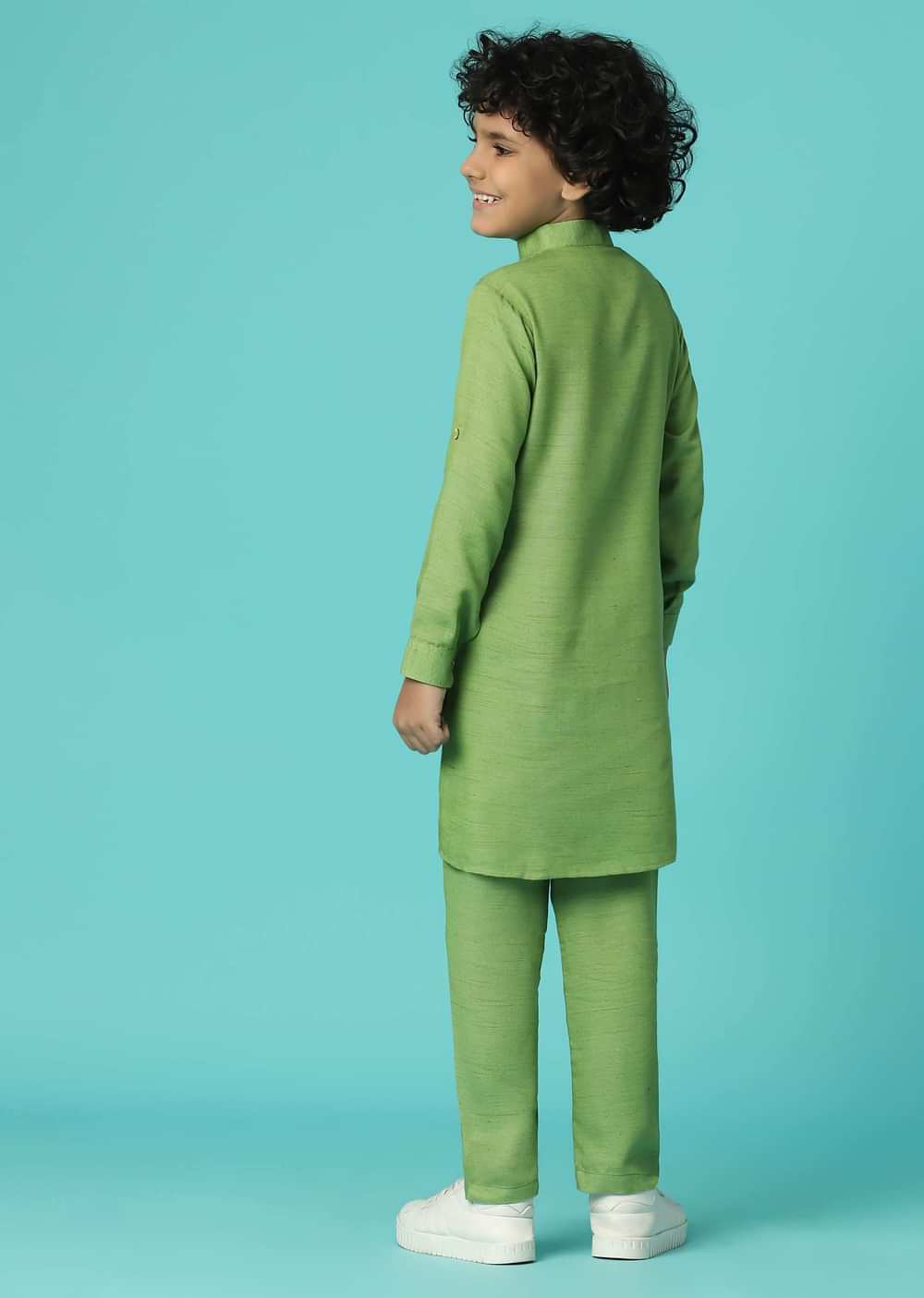 Kalki Moss Green Printed Kurta Jacket Set In Silk For Boys