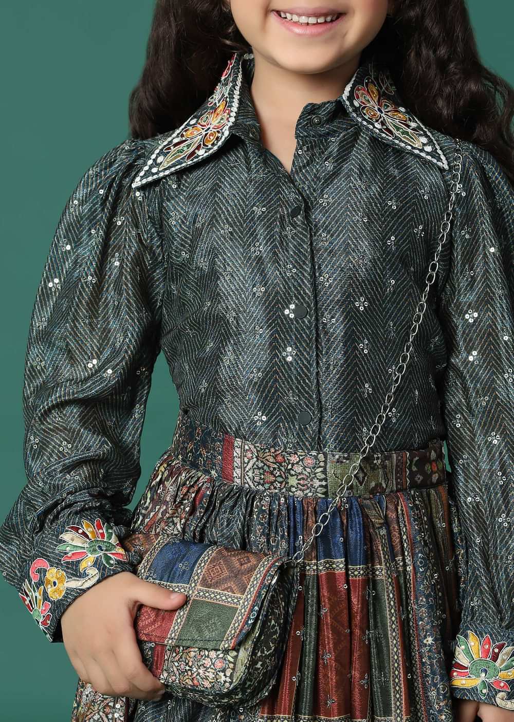 Kalki Multi Colored Top And Skirt Set In Satin Blend With A Matching Sling Bag