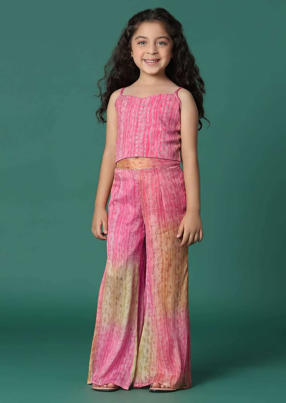 Kalki Multi Colored Printed Top And Palazzo Set With Jacket In Satin Blend For Girls