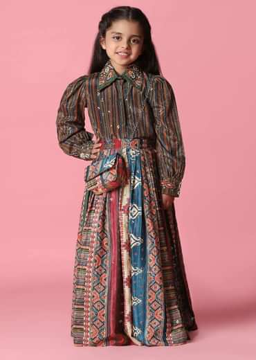 Kalki Multicolor Embroidered Skirt And Top Set In Satin Blend For Girls