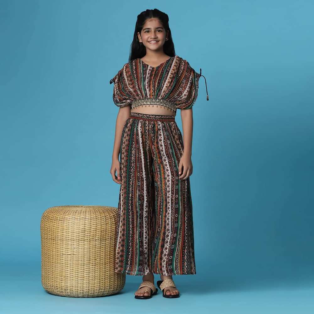 Kalki Multicolor Printed Top And Palazzo Set In Georgette For Girls