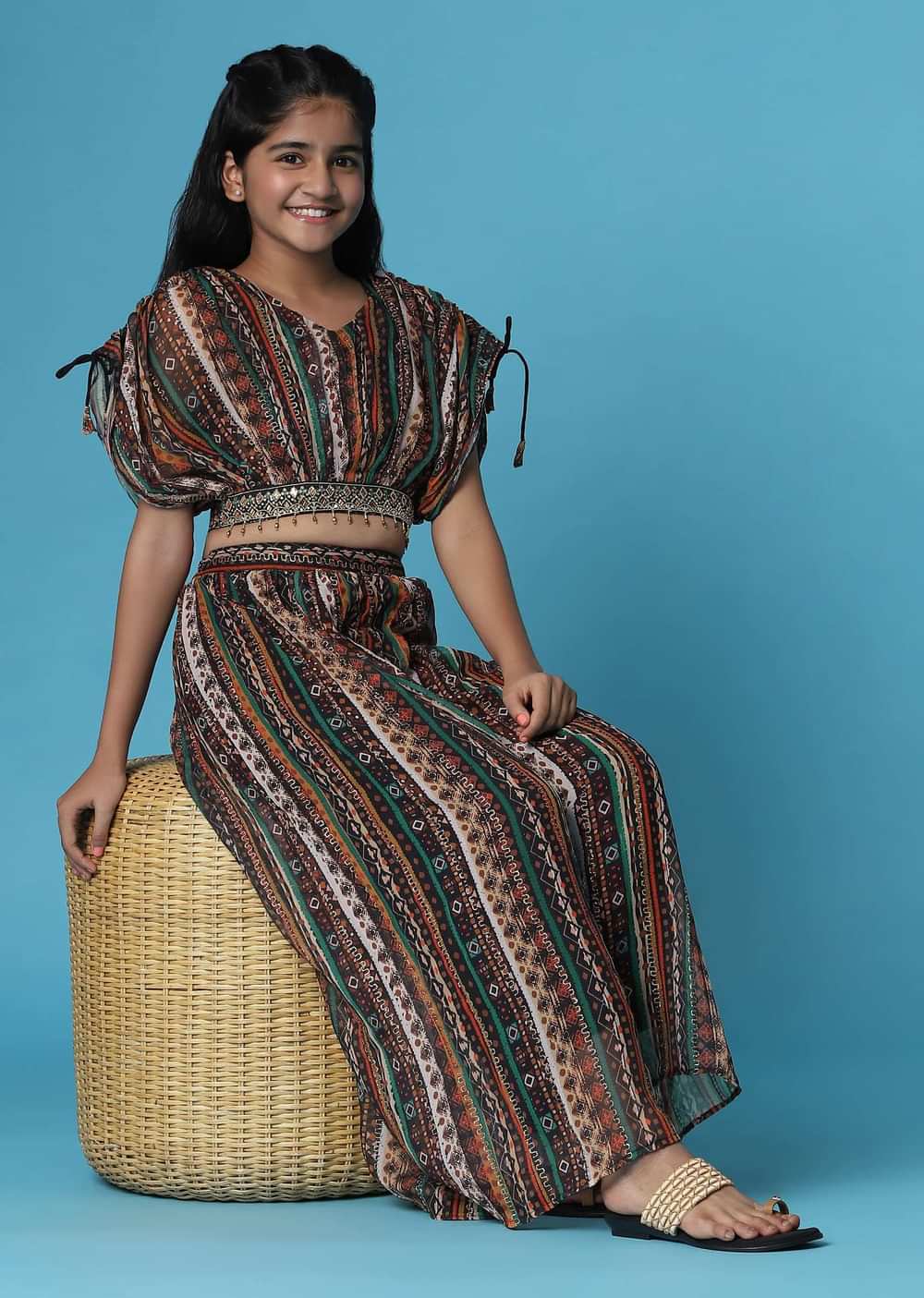 Kalki Multicolor Printed Top And Palazzo Set In Georgette For Girls