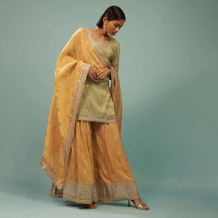 Powder Green Palazzo Suit With Yellow Palazzo & Dupatta In Embroidery