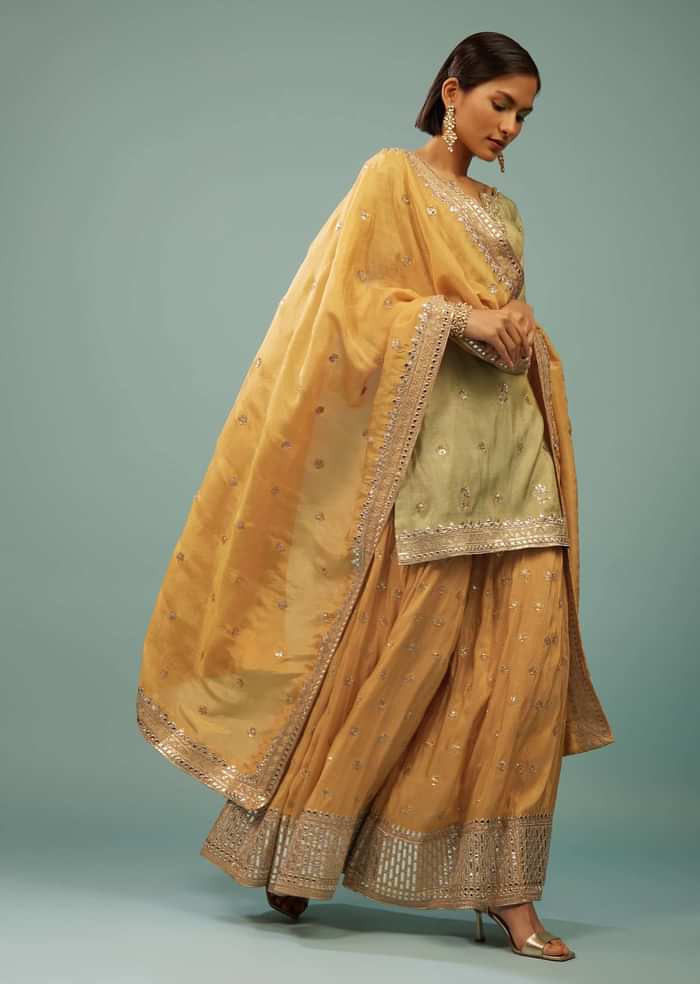 Powder Green Palazzo Suit With Yellow Palazzo & Dupatta In Embroidery