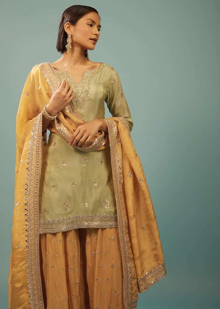 Powder Green Palazzo Suit With Yellow Palazzo & Dupatta In Embroidery