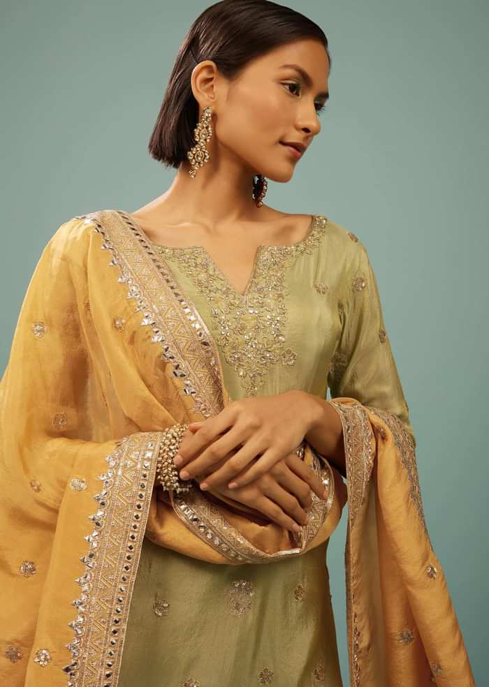 Powder Green Palazzo Suit With Yellow Palazzo & Dupatta In Embroidery
