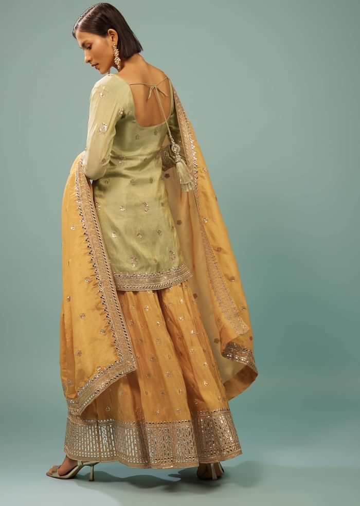 Powder Green Palazzo Suit With Yellow Palazzo & Dupatta In Embroidery