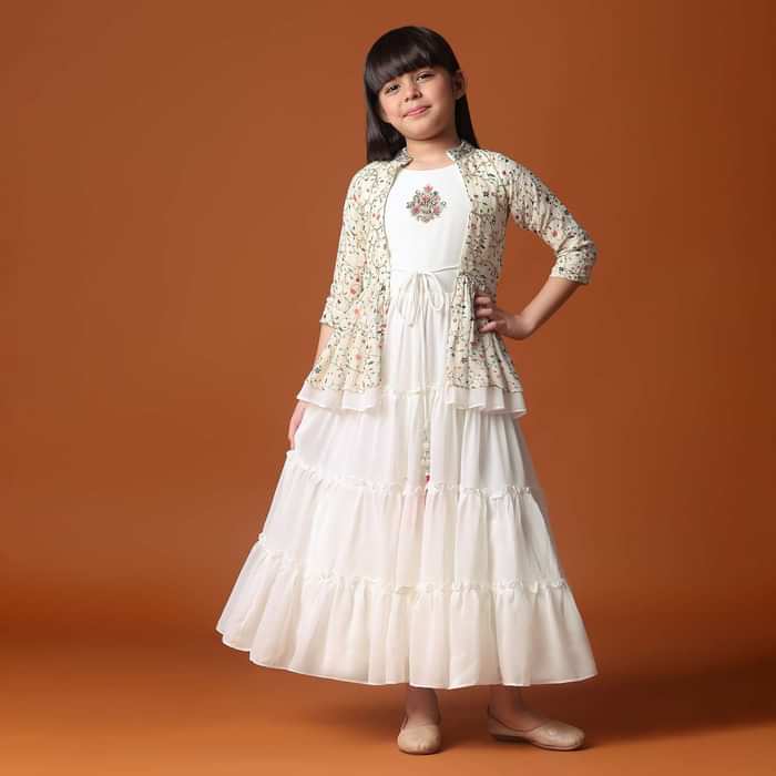 KALKI Off White Embroidered Gown And Jacket In Georgette For Girls