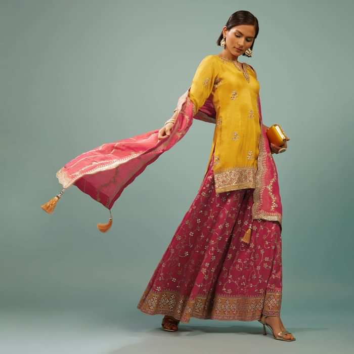 Bright Yellow Palazzo Suit With Embroidered Pink Palazzo & Dupatta