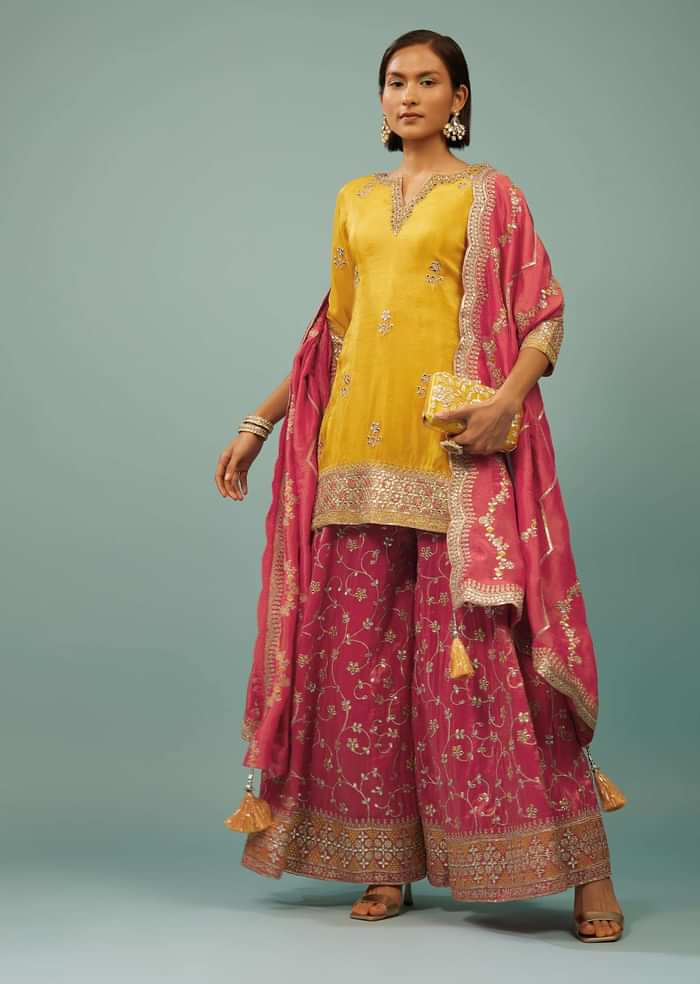 Bright Yellow Palazzo Suit With Embroidered Pink Palazzo & Dupatta
