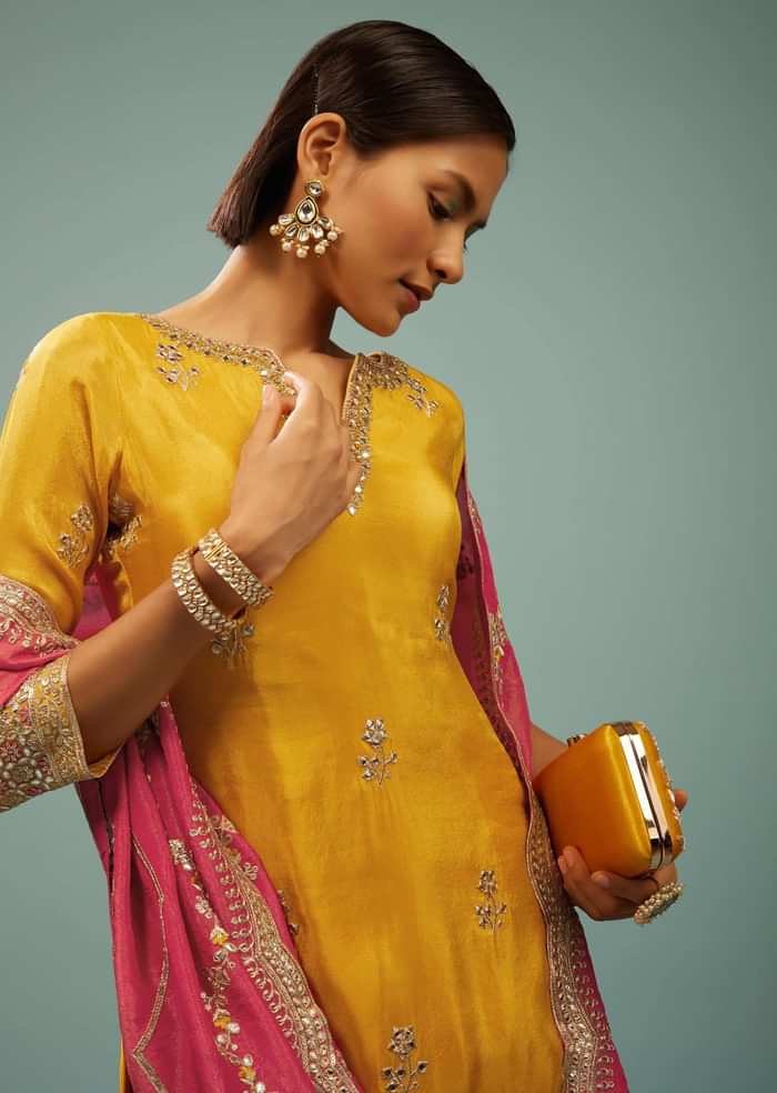 Bright Yellow Palazzo Suit With Embroidered Pink Palazzo & Dupatta