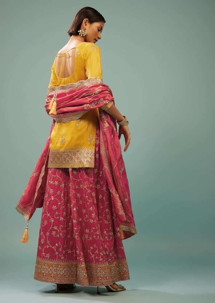 Bright Yellow Palazzo Suit With Embroidered Pink Palazzo & Dupatta