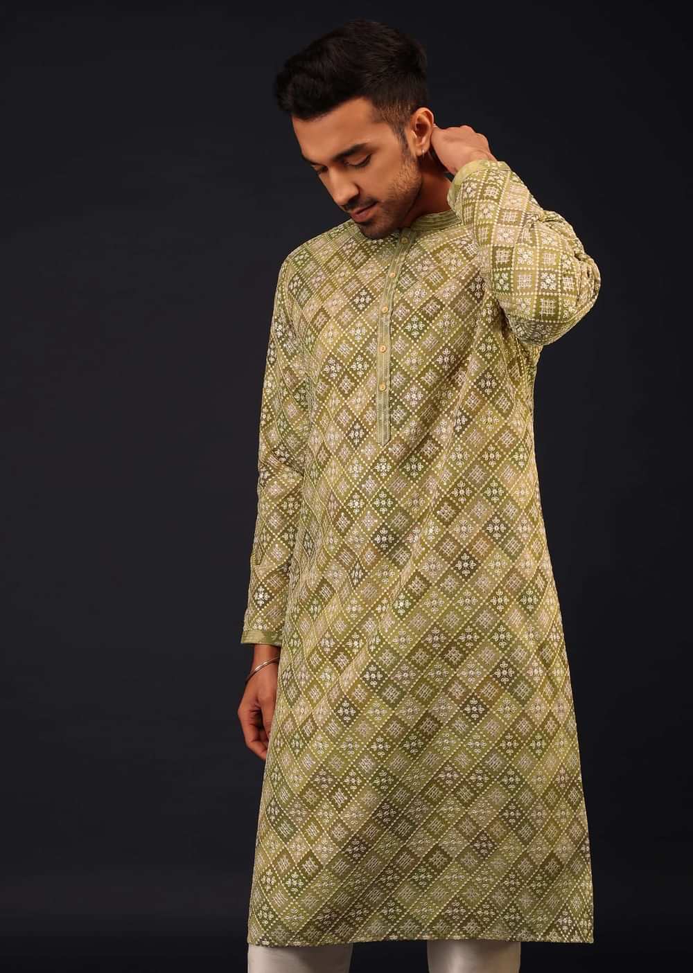 Olive Green Thread-Embroidered Kurta Set
